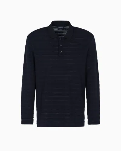 Giorgio Armani Long-sleeved Polo Shirt In Wool Jersey With A Stripe Motif In Blue