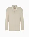 Giorgio Armani Long-sleeved Polo Shirt In Wool Jersey With A Stripe Motif In Neutral