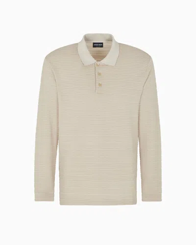 Giorgio Armani Long-sleeved Polo Shirt In Wool Jersey With A Stripe Motif In Neutral