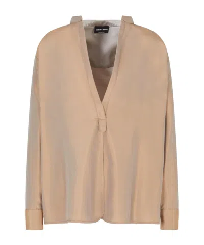 Giorgio Armani Long Sleeved Satin Shirt In Brown