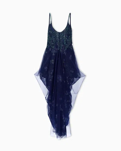 Giorgio Armani Long Tulle Dress With Embroideries In Blue
