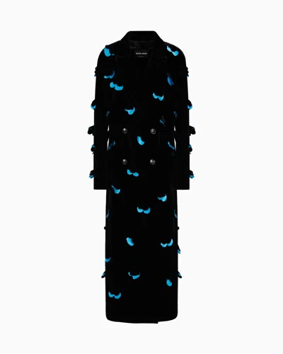 Giorgio Armani Long, Velvet Single-breasted Coat With Applied Flowers In Black
