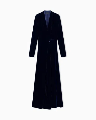 Giorgio Armani Long Wrap Dress In Viscose And Silk Velvet In Blue