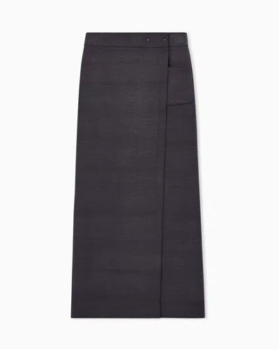 Giorgio Armani Long Wrap Skirt In Washed Silk And Wool With A Patch Pocket In Brown