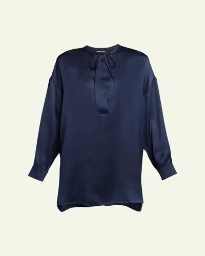 Giorgio Armani Long-sleeve Silk Tunic Shirt In Blue
