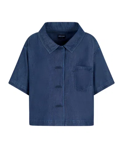 Giorgio Armani Lyocell Short-sleeved Shirt In Blue