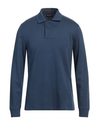 Giorgio Armani Man Polo Shirt Navy Size 36 Cotton, Silk, Cashmere In Navy Blue
