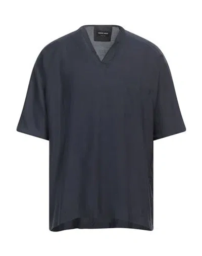 Giorgio Armani Man Shirt Navy Size S Lyocell, Silk In Navy Blue