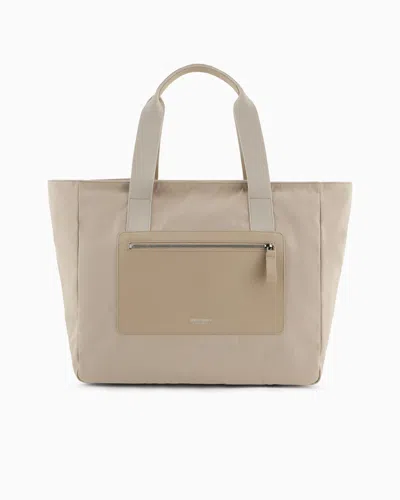 Giorgio Armani Medium Shopper Bag In Nylon And Pebbled Leather In Beige