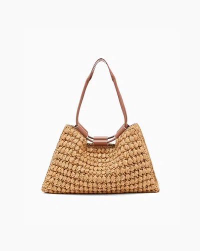Giorgio Armani Medium Shopper Bag In Olive-stitch Raffia And Smooth Leather In Sand