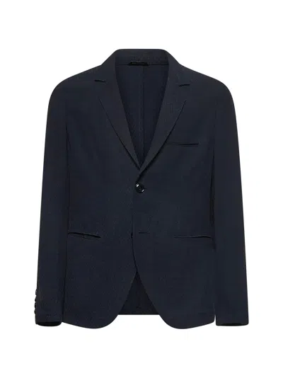 Giorgio Armani Men Blue Chevron Jacquard Single-breasted Blazer In Black