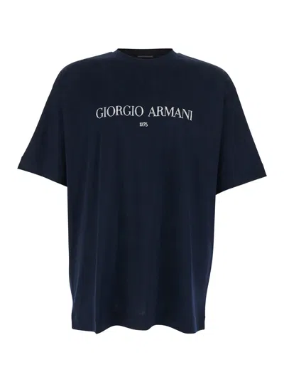 Giorgio Armani Men Blue Crewneck T-shirt With Logo Lettering On The Front In Cotton Man