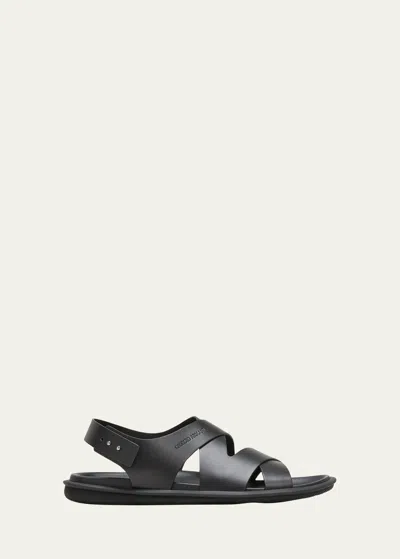 Giorgio Armani Logo-debossed Leather Sandals In Black