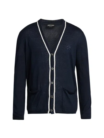 Giorgio Armani Men's Contrast-trim Linen-silk Cardigan In Blue
