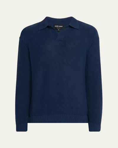 Giorgio Armani Men's Cotton Chevron Johnny Collar Sweater In Blue