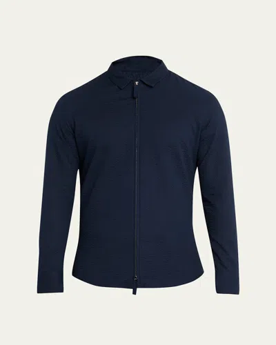 Giorgio Armani Men's Cotton Seersucker Full-zip Shirt Jacket In Blue