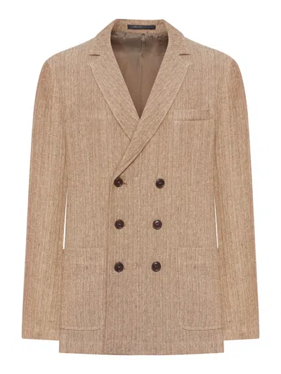 Giorgio Armani Men Double-breasted Linen Blazer In Brown