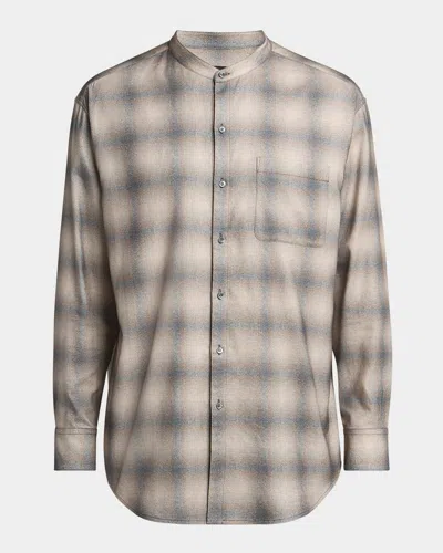Giorgio Armani Men's Faded Plaid Cotton And Lyocell Nehru-collar Sport Shirt In Silver