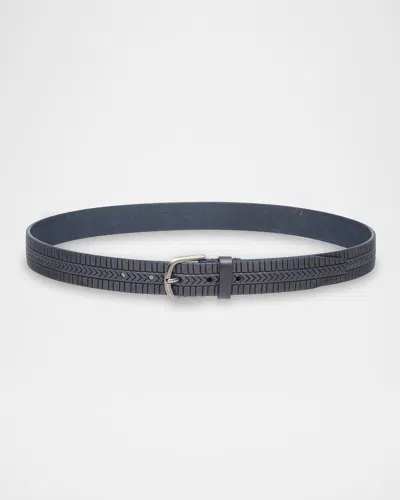 Giorgio Armani Men's Geometric Engraved Leather Belt In Blue