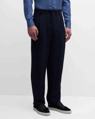 Giorgio Armani Men's Loose-fit Seersucker Pants In Black