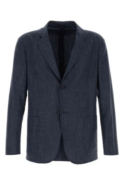 Giorgio Armani Men Melange Dark Blue Wool Blend Blazer