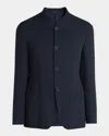 Giorgio Armani Cupro And Viscose Single-breasted Jacket With A Micro Chevron Motif In Blue