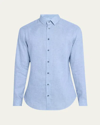 Giorgio Armani Men's Micro-houndstooth Linen Sport Shirt In Blue