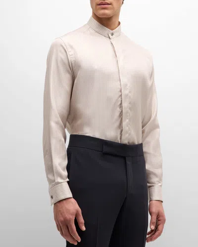 Giorgio Armani Men's Micro-striped Silk Formal Shirt In Silver
