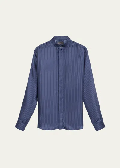 Giorgio Armani Men's Micro-striped Silk Formal Shirt In Solid Dark Blue