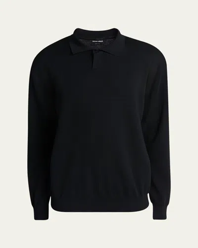Giorgio Armani Men's Milano Stitch Wool Polo Sweater In Black