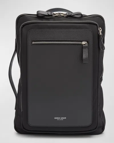 Giorgio Armani Men's Paneled Leather Backpack In Black