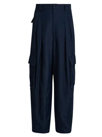 Giorgio Armani Men's Pleated Linen-blend Cargo Trousers In Blue