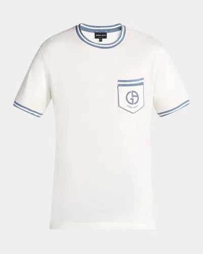GIORGIO ARMANI MEN'S SHORT-SLEEVE CONTRAST EMBROIDERED SHIRT