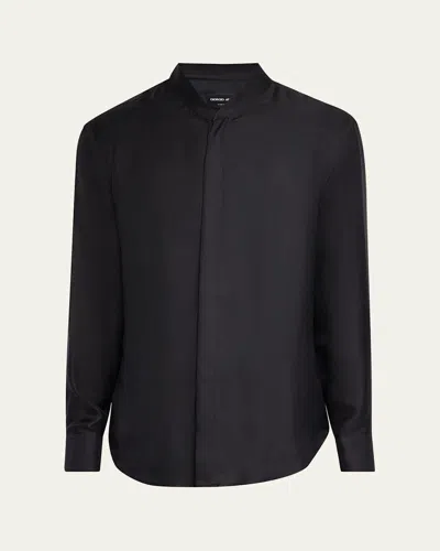 Giorgio Armani Men's Silk Dress Shirt With Stand Collar In Black