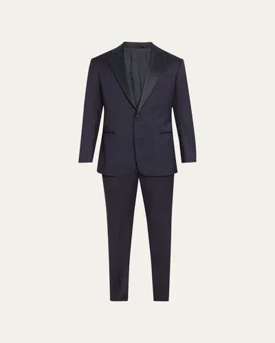 Giorgio Armani Men's Silk-lapel Micro-pattern Suit In Blue