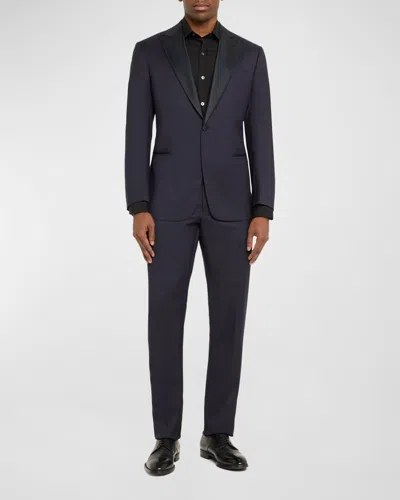 Giorgio Armani Men's Silk-lapel Micro-pattern Suit In Solid Dark Blue