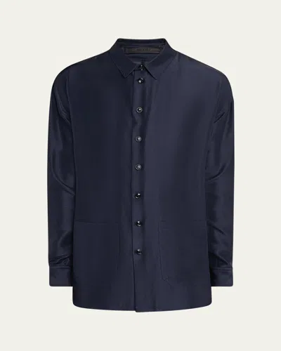 Giorgio Armani Men's Silk Overshirt Blazer In Solid Medium Blue