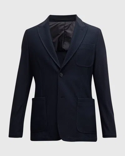 Giorgio Armani Honeycomb-knit Notch-lapel Blazer In Blue