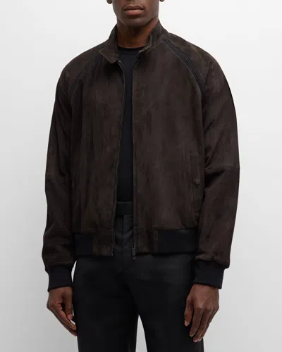 Giorgio Armani Men's Suede Full-zip Bomber Jacket In Brown