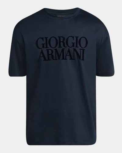 Giorgio Armani Men's Text Logo Cotton Crewneck T-shirt In Blue