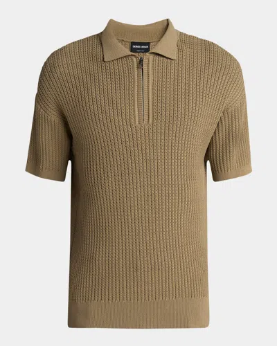 Giorgio Armani Men's Textured Knit Short-sleeve Quarter-zip Polo Sweater In Brown