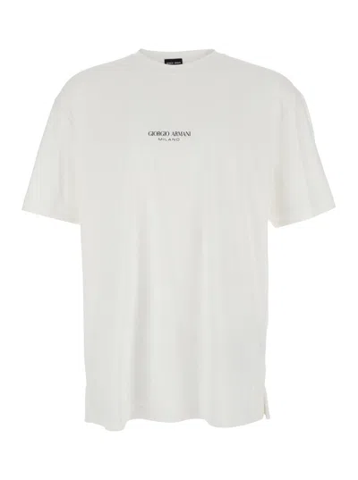 Giorgio Armani Men White Crewneck T-shirt With Logo Lettering On The Front In Cotton Man