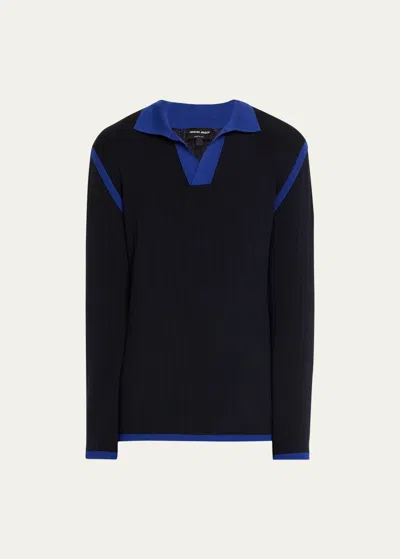 Giorgio Armani Men's Wool Johnny Collar Polo Sweater In Blue
