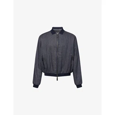 Giorgio Armani Linen Zip-up Bomber Jacket In Blue