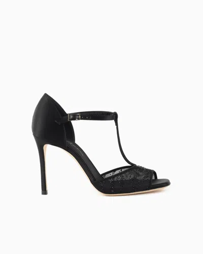 Giorgio Armani Mesh And Rhinestone T-bar Sandals In Black