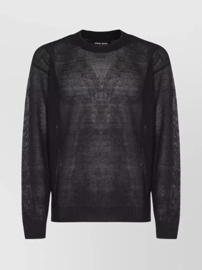 Giorgio Armani Mesh Crewneck Jumper Ribbed Finish In Blue