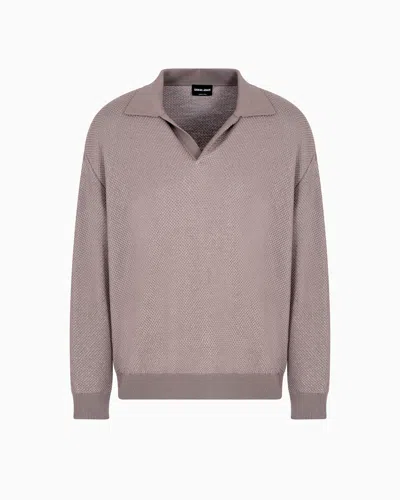 Giorgio Armani Micro Jacquard Virgin Wool And Viscose Polo Jumper In Fant Nut
