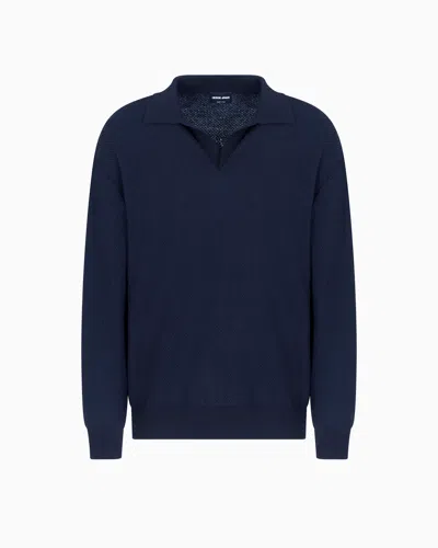 Giorgio Armani Micro Jacquard Virgin Wool And Viscose Polo Jumper In Blue