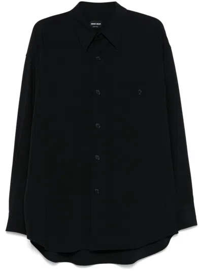 Giorgio Armani Midnight Blue Cotton Shirt With Classic Collar In Black