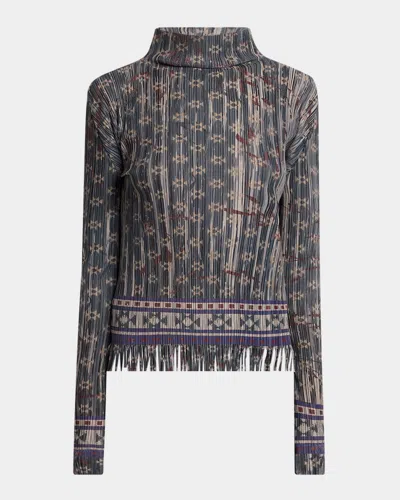 Giorgio Armani Mock-neck Geo Jersey Plisse Fringe Top In Black
